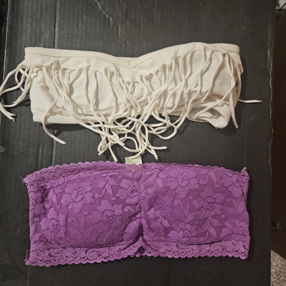 Lace and Fringe Bandeau Set - Purple and White